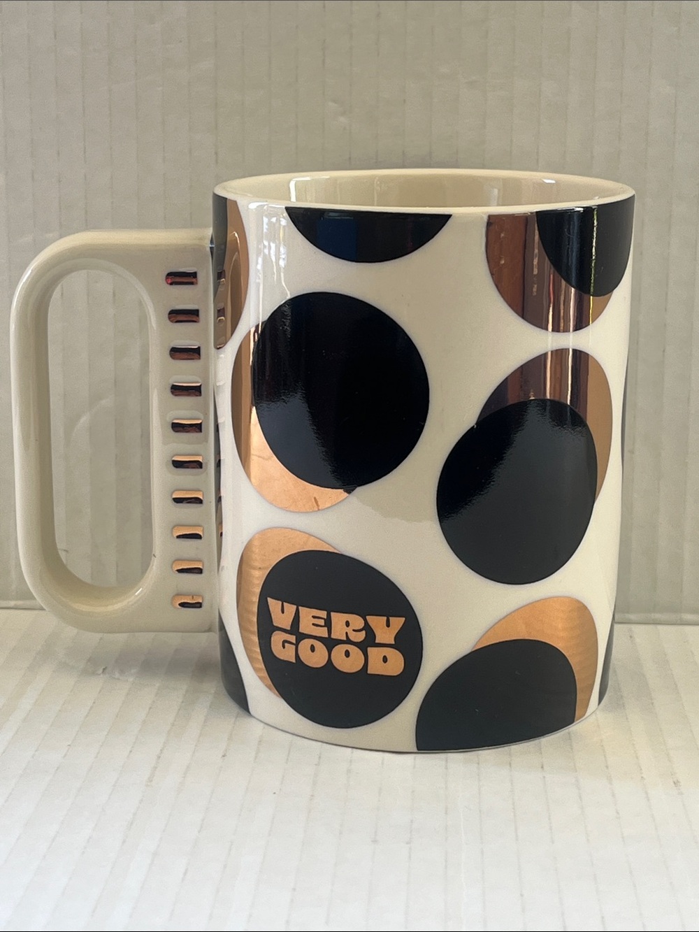 Stoneware 17 Oz Very G Cream Mug with Black and Rose Gold Polka Dots